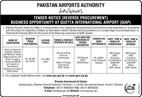 Pakistan Airports Authority Karachi Tender Notice